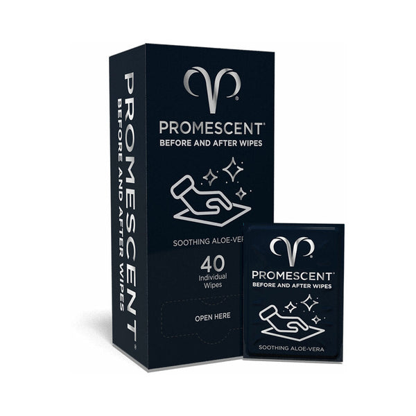 Promescent Before and After Individual Wipes 40 Pack packaging with soothing aloe vera wipes inside.