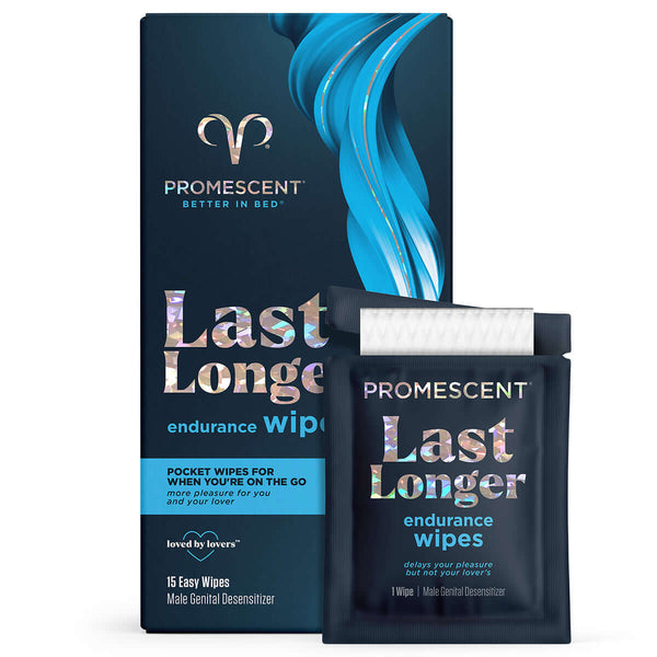 Promescent Delay Wipes 15 Pack packaging with wipes designed for male genital desensitization.