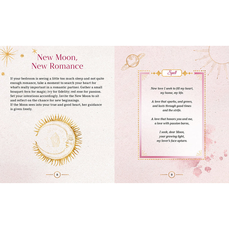 Love Spells guide featuring a New Moon romance ritual, focusing on attracting and nurturing love.