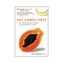 Cover of She Comes First Female Pleasure Guide Book by Ian Kerner with a papaya and a banana.