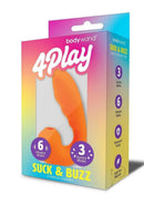 Bodywand 4Play Suck and Buzz Clitoral Stimulator Orange packaging with suction and vibration modes highlighted.