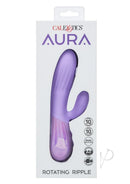 Aura Rotating Ripple Silicone Dual Massager Purple packaging featuring dual motors and 10 rotating speeds.
