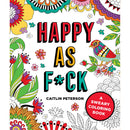 Happy As F*ck Sweary Adult Coloring Book cover featuring colorful designs and cheeky sayings.