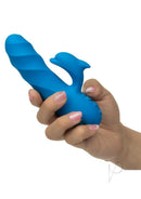 A hand holding the California Dreaming Frisco Fantasy Dual Vibrator Blue, showcasing its sleek design and functionality.
