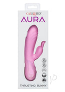 Aura Thrusting Bunny Silicone Rabbit Vibrator Pink packaging featuring dual motors and 10 speeds for ultimate pleasure.