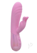 Aura Thrusting Bunny Silicone Rabbit Vibrator Pink with flickering ears and thrusting shaft, designed for dual stimulation.