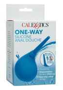 Water Systems One-Way Silicone Anal Douche Blue packaging showcasing its features and flexible tip design.