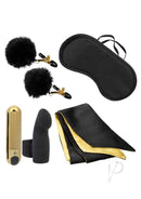 Pleasure Kits Untamed Collection Bondage Kit featuring nipple clamps, eye mask, satin ties, and teasers.
