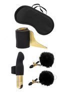 Pleasure Kits Untamed Collection Bondage Kit featuring eye mask, satin tie, vibrator, and nipple clamps.