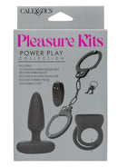 Pleasure Kits Power Play Collection Vibrator Kit Black packaging featuring bullet, ring enhancer, probe, and cuffs.