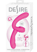 Desire Two-Piece Dual Rechargeable Silicone Vibrator Pink in packaging, showcasing its versatile design and functions.