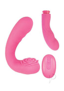 Desire Two-Piece Dual Rechargeable Silicone Vibrator Pink in elegant design with rose detail for versatile pleasure.