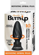 Butts Up Rotating Spiral Rechargeable Silicone Plug Black packaging featuring remote control and vibrating functions.