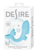 Desire Rechargeable Silicone Finger Massager Blue packaging showcasing features for enhanced pleasure.