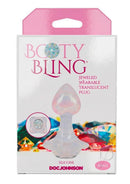 Booty Bling Jeweled Silicone Anal Plug Small Clear packaging with jeweled translucent plug and colorful gems.