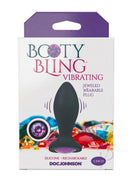 Booty Bling Jeweled Vibrating Silicone Plug 3 Inch Purple packaging with vibrant jewel graphics and product details.