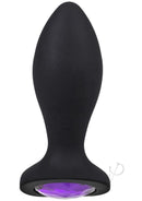 Booty Bling Jeweled Vibrating Silicone Plug 3 Inch Purple with smooth silicone and jeweled base for luxurious pleasure.