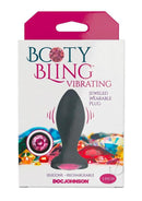 Booty Bling Jeweled Vibrating Silicone Plug 3 Inch Pink packaging featuring jeweled design, silicone material, and vibrant colors.