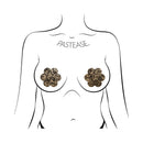 Pastease Lace Flower Nipple Pasties Beige/Black displayed on a minimalist illustration of a woman.