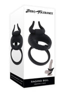 Zero Tolerance Raging Bull Vibrating Cock Ring Black packaging showcasing the unique dual-ring design and features.