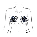 Pastease Skeleton Hands Pasties Black displayed on a body outline, featuring a playful boney hand design.