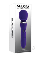 Selopa Merlin Silicone Wand Vibrator Purple/Silver in packaging, showcasing its sleek design and powerful features.