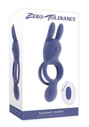 Zero Tolerance Naughty Bunny Silicone Rechargeable Purple vibrating cock ring for clitoral and shaft stimulation.