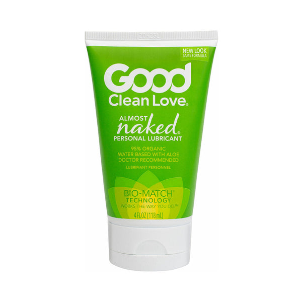 Good Clean Love Almost Naked Personal Lubricant 4 Oz in green tube with bio-match technology and aloe vera.