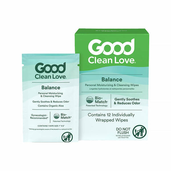 Good Clean Love Balance Personal Wipes 12 Pack, pH-balanced moisturizing wipes with aloe, individually wrapped.