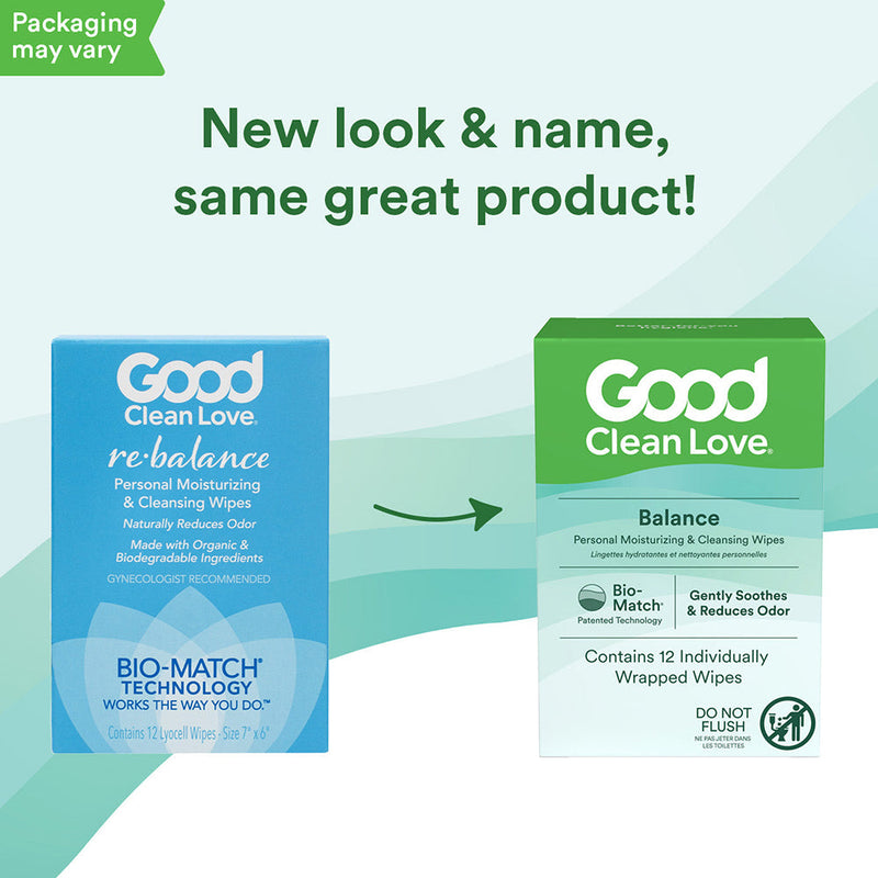 Good Clean Love Balance Personal Wipes 12 Pack new packaging design showcasing updated look and trusted quality
