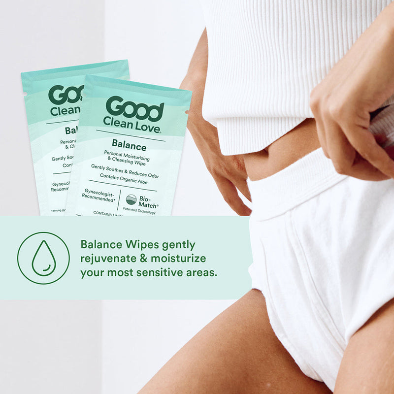 Good Clean Love Balance Personal Wipes 12 Pack with aloe for gentle cleaning and moisturizing. Perfect for sensitive areas.