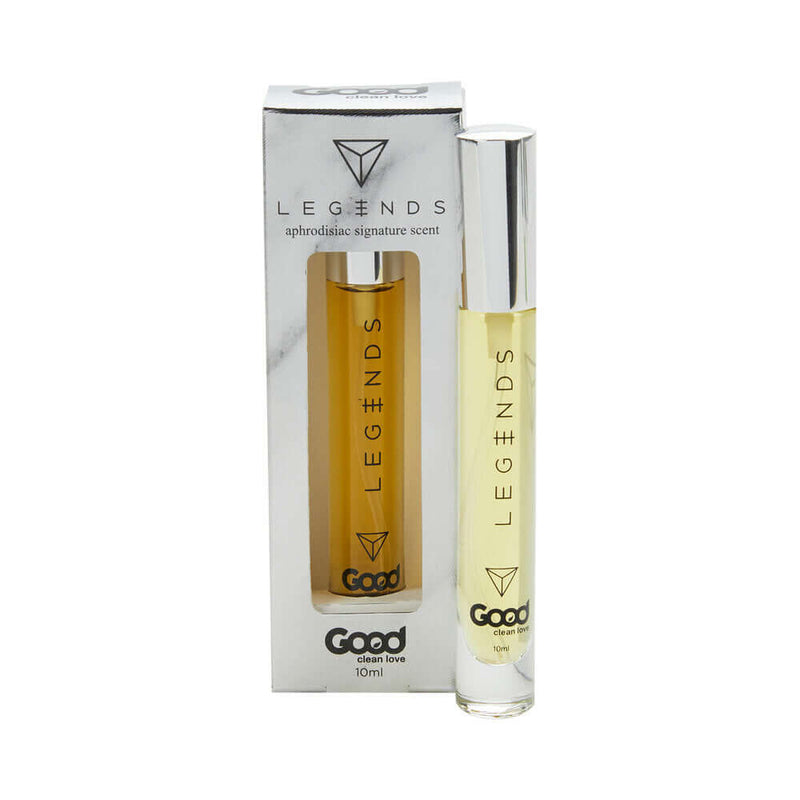 Good Clean Love Legends Aphrodisiac Scent 0.34 Oz natural perfume oil in box, showcasing masculine confidence and sensuality.