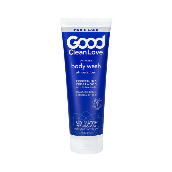 Good Clean Love Mens Intimate Body Wash 8 Oz tube with refreshing cedarwood scent for daily freshness.