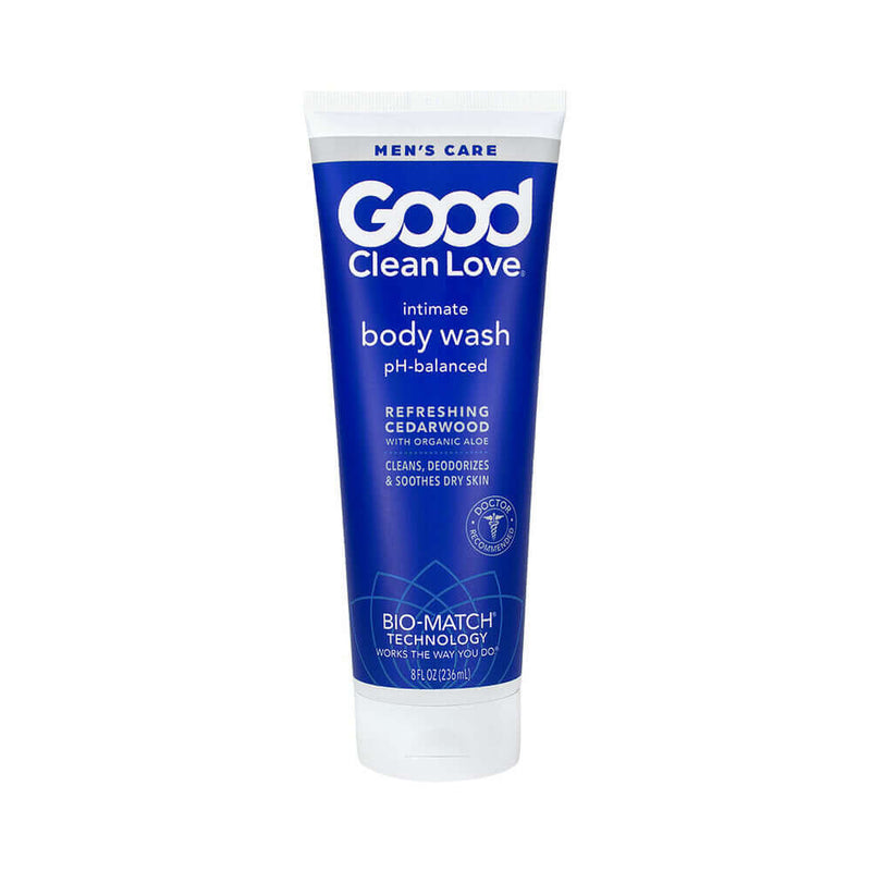 Good Clean Love Mens Intimate Body Wash 8 Oz tube with refreshing cedarwood scent for daily freshness.