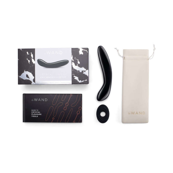 Le Wand Crystal G Wand Black Obsidian with packaging and storage pouch for enhanced intimate experiences.