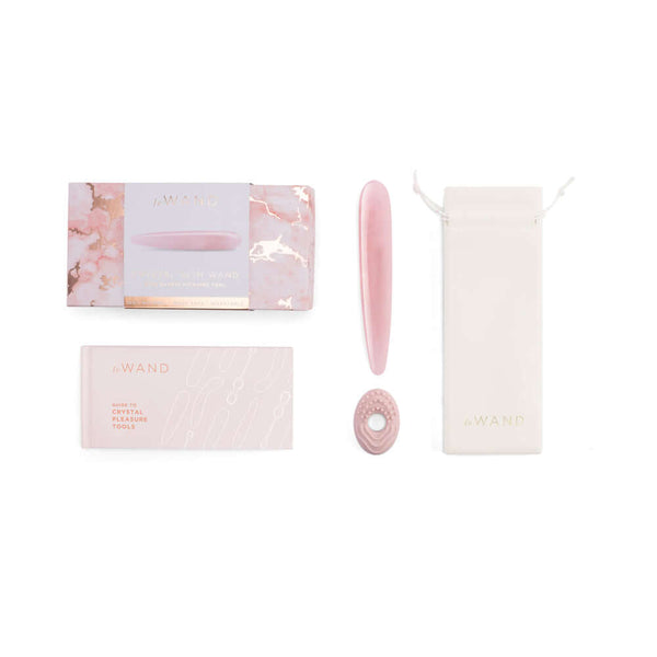 Le Wand Crystal Slim Wand Rose Quartz with packaging and pouch, showcasing a beautiful crystal pleasure tool.
