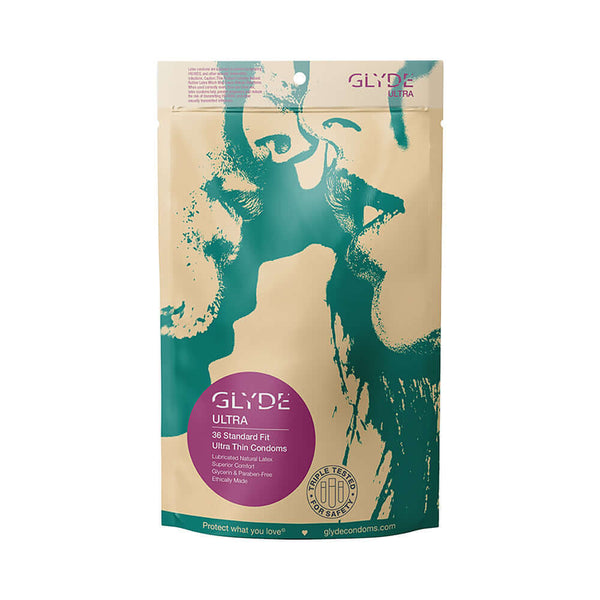 Glyde Ultra Latex Condoms 36 Pack, vegan-friendly, ultra-thin standard fit, lightly lubricated condoms package.