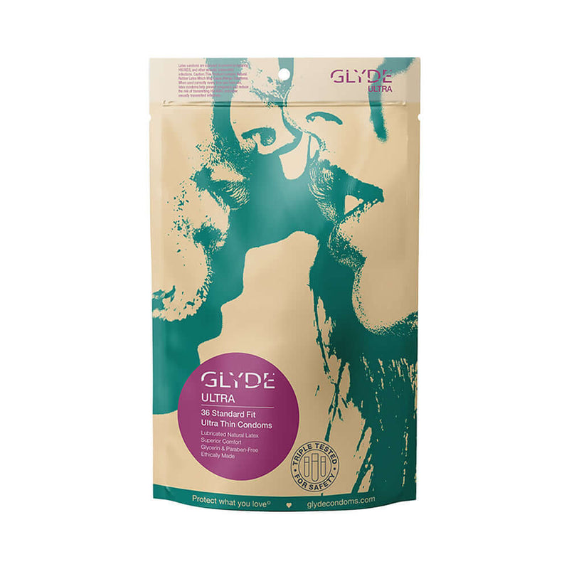 Glyde Ultra Latex Condoms 36 Pack, vegan-friendly, ultra-thin standard fit, lightly lubricated condoms package.
