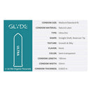 Glyde Ultra Latex Condoms 36 Pack product information, including size, material, type, and features.