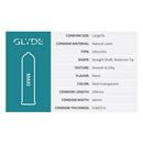 Glyde Maxi Latex Condoms 36-Pack detailed specifications including size, material, and texture.