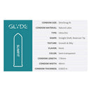 Glyde Slimfit Latex Condoms 36-Pack information chart with size, material, and features details.