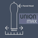 Glyde Union Max Latex Condoms 12-Pack illustration showing flared head and 60mm width for extra large fit.