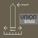 Glyde Union Snug Latex Condoms 12-Pack illustration showing snug fit and 49mm size.