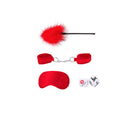 Ouch Introductory Bondage Kit 2 Red includes cuffs, blindfold, feather tickler, and playful dice for couples.
