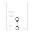 Shots Ouch Pleasure Handcuffs Metal dimensions and design specifications on a white background.
