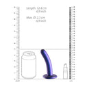 Smooth Silicone G-spot Dildo 5 inch Metallic Blue with measurements, featuring a 5-inch length and strong suction base.