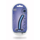 Smooth Silicone G-spot Dildo 5 inch Metallic Blue in packaging with suction cup base for hands-free play.