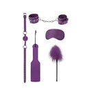 Ouch Introductory Bondage Kit 4 Purple - set of essential purple bondage accessories including handcuffs, flogger, and more.