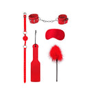 Ouch Introductory Bondage Kit No 4 Red includes cuffs, flogger, gag, blindfold, and feather tickler for playful exploration.