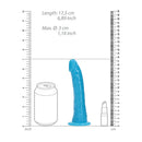 Realrock Glow In The Dark Slim Dildo 6 inch Neon Blue with size comparison to a soda can and lip gloss.
